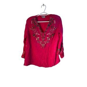 Vintage BCS Pink Silk Beaded Sequined Sparkly V-Neck Top Blouse Dressy XXL